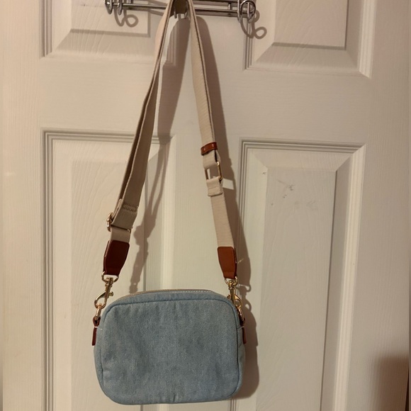 Denim Camera Crossbody Bag with Tan Strap - Picture 8 of 10